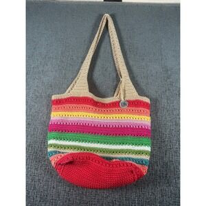 The Sak Originals Crochet Rainbow Striped Boho Hobo Bag Multi Color Tote